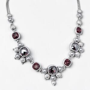 Brighton Selene Ruby Red Swarovski Crystal Faux Pearl Bib Necklace Silver Plated